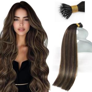 Sunny Hair 20Inch Nano Bead Hair Extensions Human Hair Balayage Brown Nano Hair Extension Human Hair Dark Brown Ombre Medium Nano Ring Hair Extensions for Women 50G