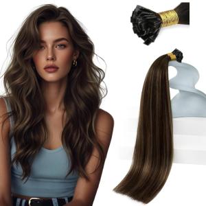 Sunny Hair Flat Tip Hair Extensions, Keratin Hair Extensions for Women, Fusion Hair Extensions Balayage Brown 16inch 50g
