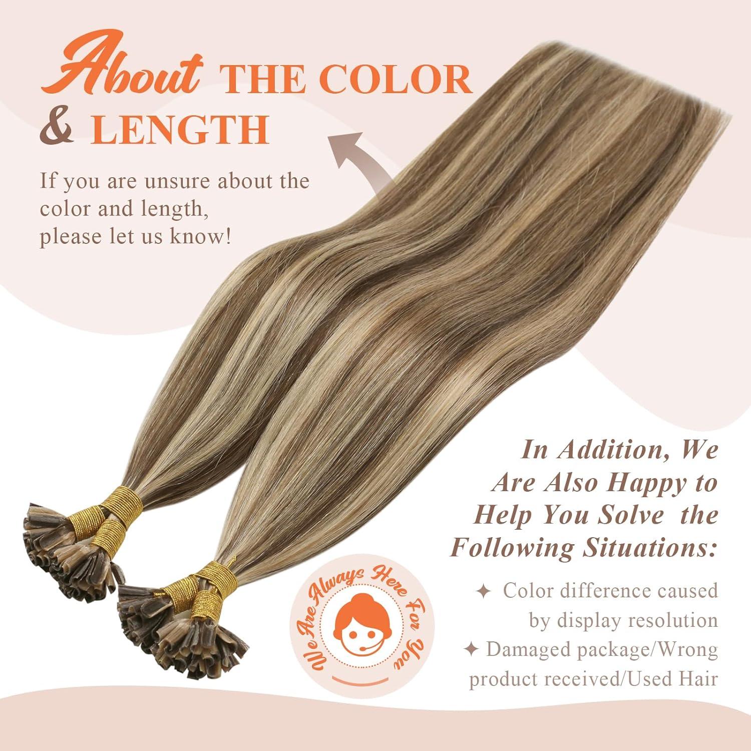 imageSunny Hair 18inch K Tip Hair Extensions Human Hair Brown with Blonde K Tip Hair Extensions Soft U Tip Hair Extensions Human Hair Easy to Maintain 50g