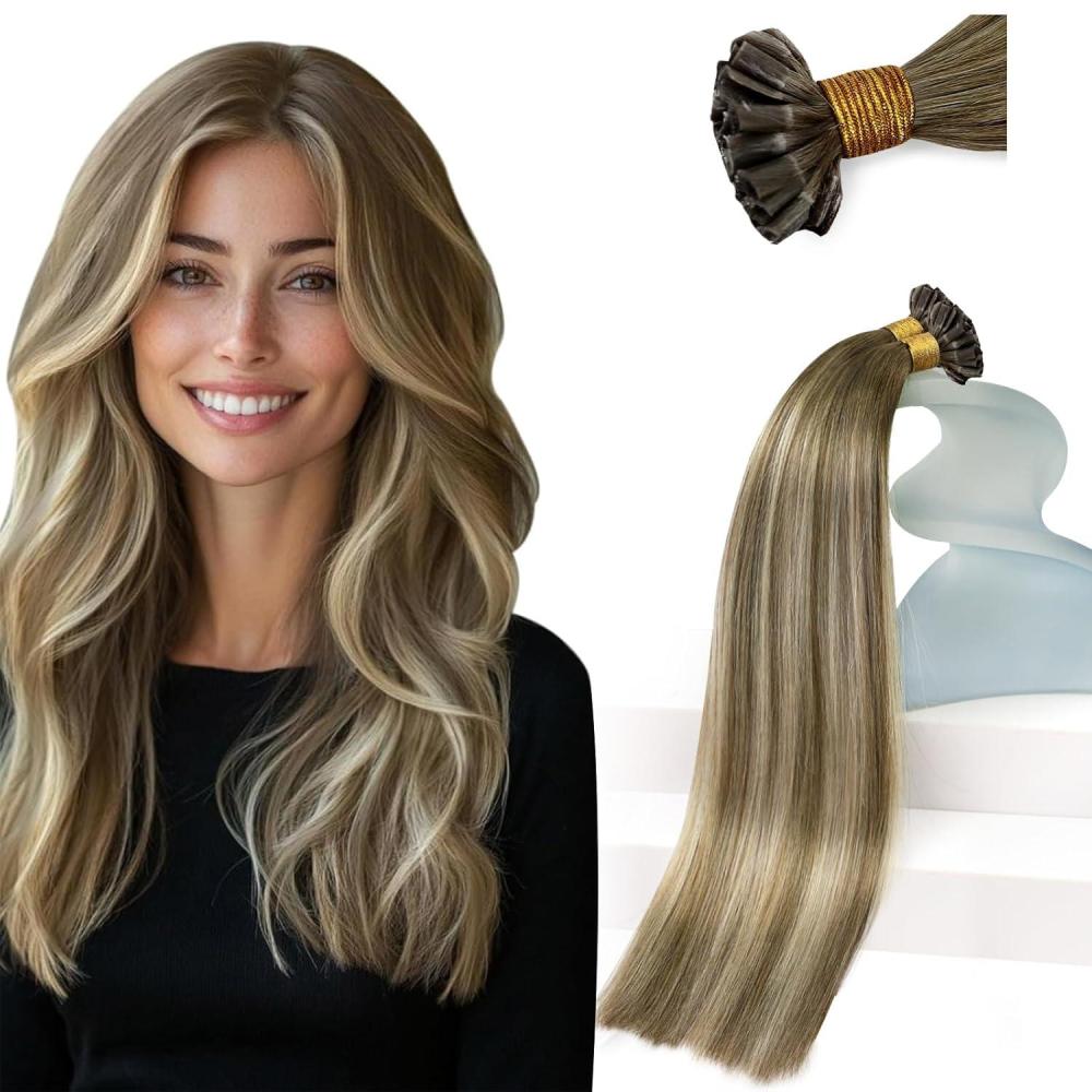 imageSunny Hair U Tip Hair Extensions Human Hair for Women Utip Hair Extensions Human Hair Dark Brown Balayage Blonde K Tip Hair Extensions 16inch Keratin Real Human Hair 50g