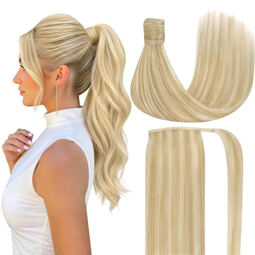 imageVe Sunny Hair Extensions Ponytail Real Human Hair Wrap Around Clip in Ponytail Hair Extensions Straight Extensions Human Hair for Women Honey Strawberry Blonde Highlights Bleach Blonde 22inch 80G