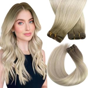 Sunny Hair Human Hair Weft Extensions Blonde Human Hair Extensions Sew in Ash Blonde Ombre Platinum Blonde Balayage Weft Hair Extensions Human Hair Sew in Extensions for Women Real Hair 100g 16inch