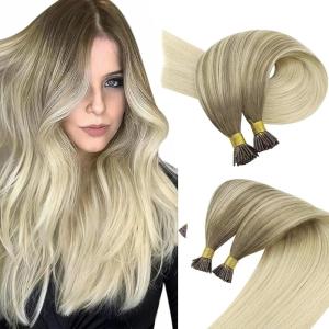 Sunny Hair I Tip Hair Extensions Real Human Hair Balayage Light Brown Ombre Platinum Blonde I Tip Hair Extensions Soft Pre Bonded Long-Lasting Beauty 50/Pack 80S 14Inch