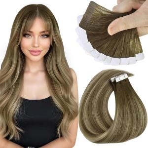 Sunny Hair Tape in Hair Extensions Real Human Hair Invisible Remy Hair Extensions Tape ins for Women Cool Brown Ombre Light Brown Balayage Medium Blonde 12 inch 20G