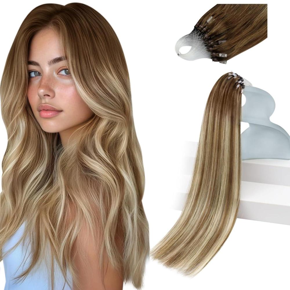 imageSunny Hair Micro Bead Hair Extensions Real Human Hair Balayage Brown Microlink Soft Micro Ring Hair Extensions Human Hair Medium Brown with Blonde Beaded Durable 57G 16inch
