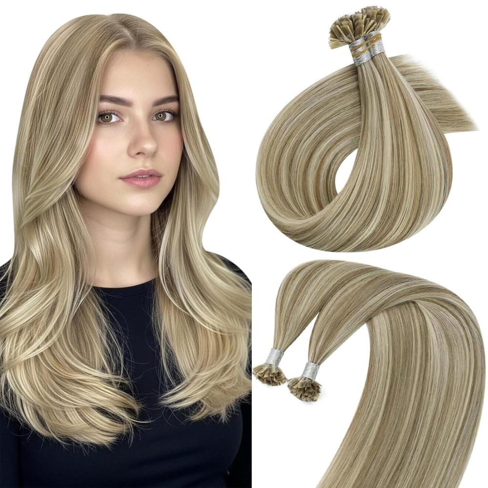 imageSunny Hair K Tip Hair Extensions Real Human Hair Easy to Curl Ktip Human Hair Extensions Light Brown Highlights Blonde Ktips14inch 50g