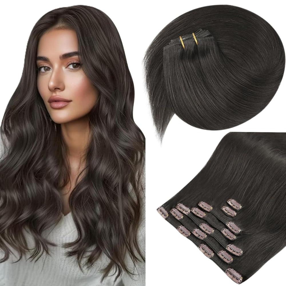 imageSunny Hair Clip in Hair Extensions Real Human Hair 120g Remy Hair Clip in Extensions for Women Human Hair Extensions Mocha Black Brown 22 Inch