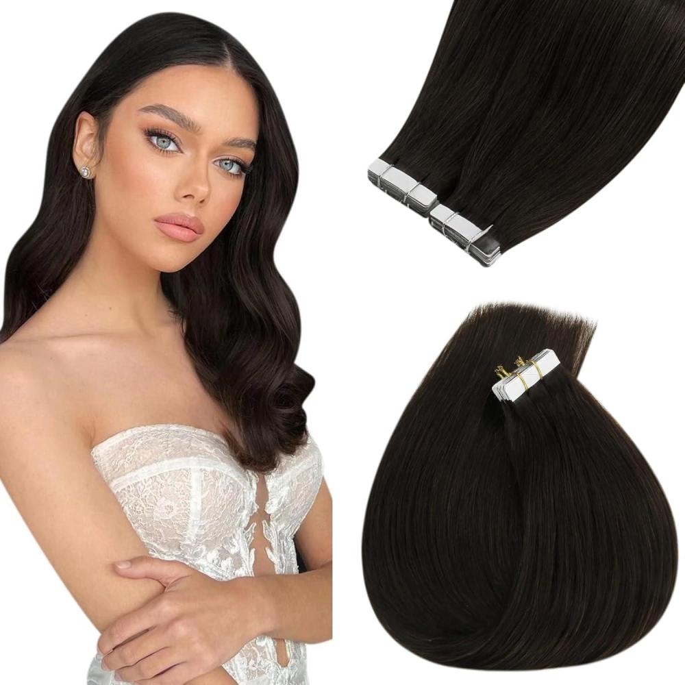 imageSunny Hair Tape in Hair Extensions Human Hair 12 Inch Hair Extensions Real Human Hair Tape in Extensions for Women Dark Brown Virgin Hair Natural Straight Skin Weft Double Sided Tapes 20Pcs 30g
