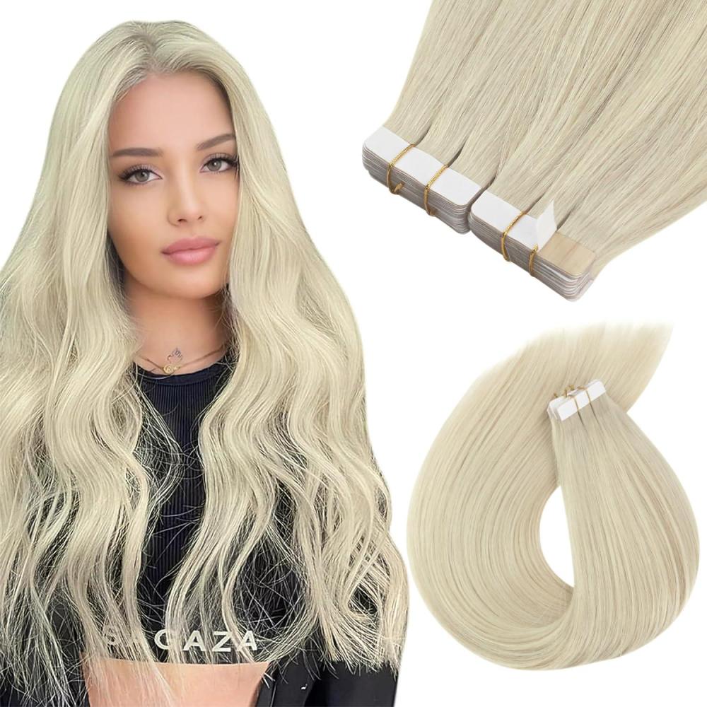imageSunny Hair Tape in Hair Extensions Human Hair 14inch Hair Extensions Real Human Hair Tape in Extensions for Women Solid Blonde Virgin Hair Natural Straight Skin Weft Double Sided Tapes 20Pcs 50g