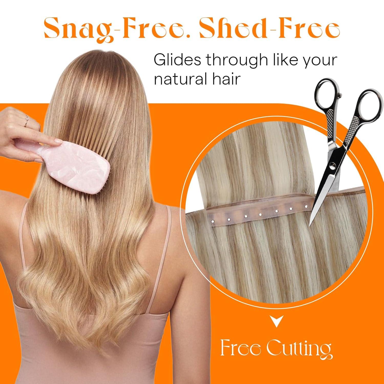 imageSunny Hair Butterfly Hair Extensions Natural Black Genius Weft Human Hair Extensions DoubleSided Seamless Invisible Weave PU Weft with Micro HandTied Look for Women 20Inch 100G10P60Lightest Brown Highlight