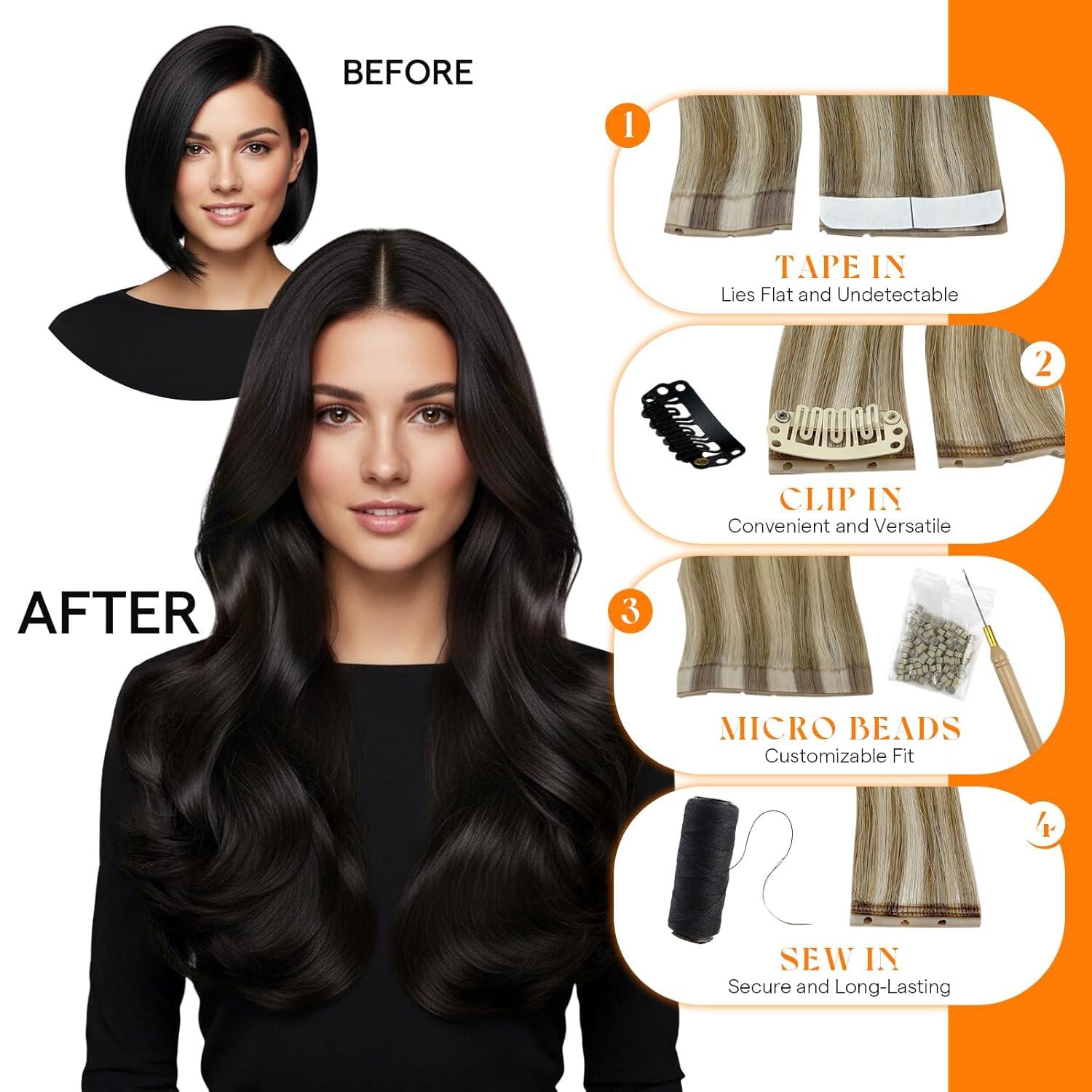 imageSunny Hair Butterfly Hair Extensions Natural Black Genius Weft Human Hair Extensions DoubleSided Seamless Invisible Weave PU Weft with Micro HandTied Look for Women 20Inch 100G1BNatural Black