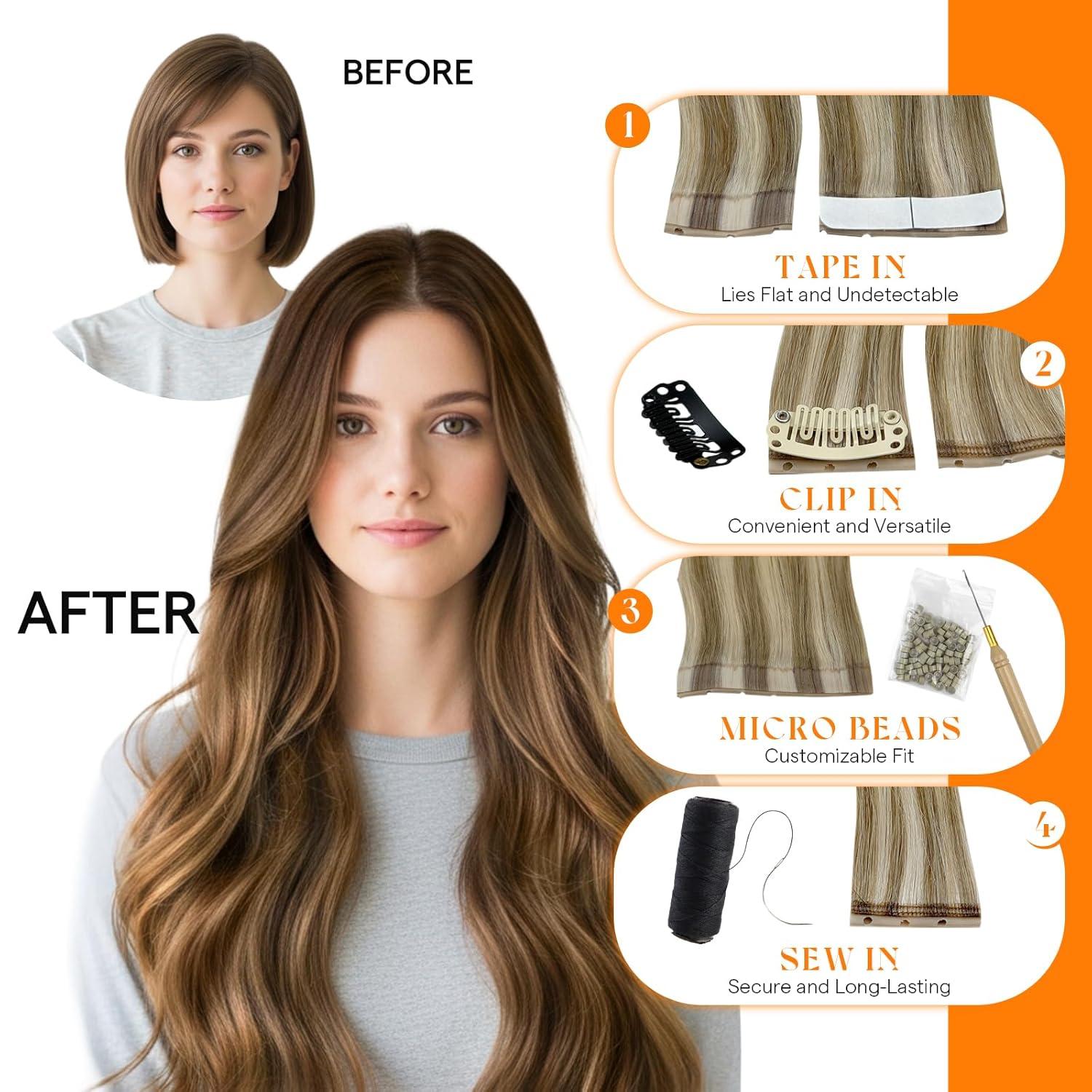 imageSunny Hair Butterfly Hair Extensions Natural Black Genius Weft Human Hair Extensions DoubleSided Seamless Invisible Weave PU Weft with Micro HandTied Look for Women 20Inch 100G4427Dark Brown Balayage Caramel Blonde
