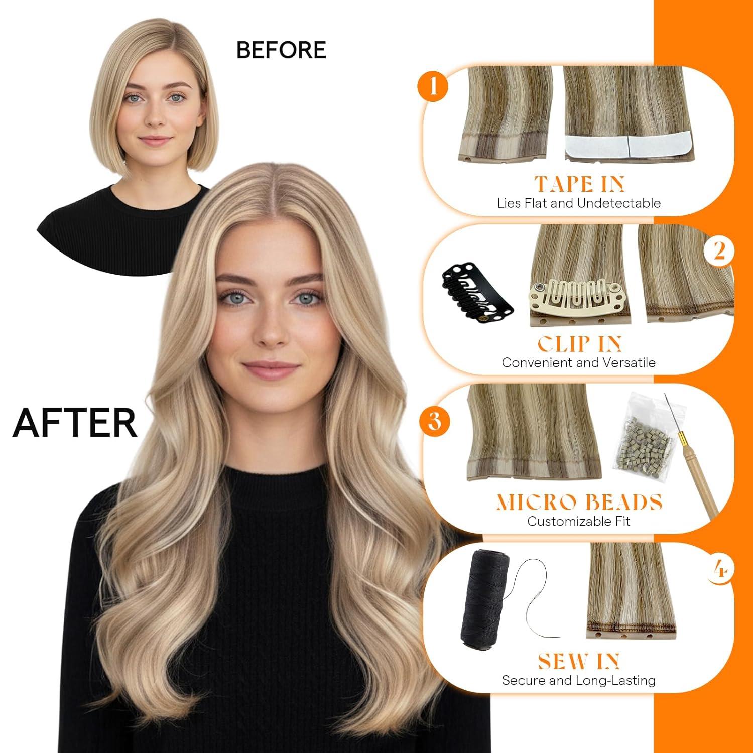 imageSunny Hair Butterfly Hair Extensions Natural Black Genius Weft Human Hair Extensions DoubleSided Seamless Invisible Weave PU Weft with Micro HandTied Look for Women 20Inch 100G10P60Lightest Brown Highlight