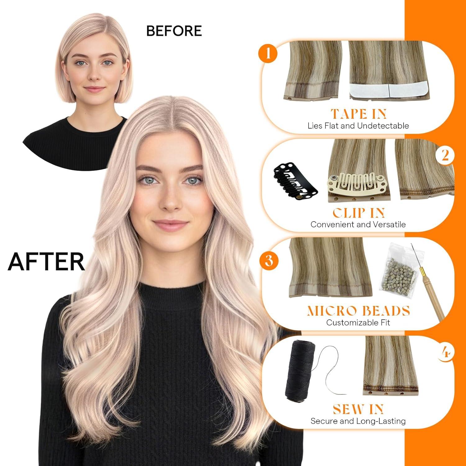 imageSunny Hair Butterfly Hair Extensions Natural Black Genius Weft Human Hair Extensions DoubleSided Seamless Invisible Weave PU Weft with Micro HandTied Look for Women 20Inch 100G18P613Light Ice Pink Blonde Highlight