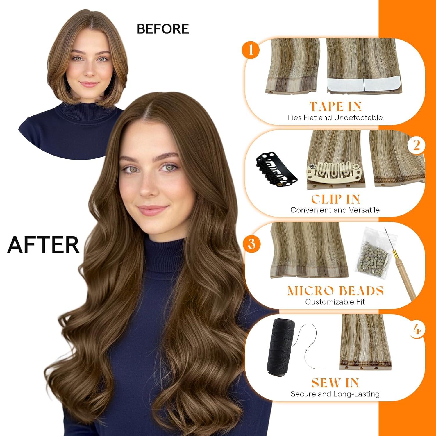 imageSunny Hair Butterfly Hair Extensions Natural Black Genius Weft Human Hair Extensions DoubleSided Seamless Invisible Weave PU Weft with Micro HandTied Look for Women 20Inch 100G8Light Brown