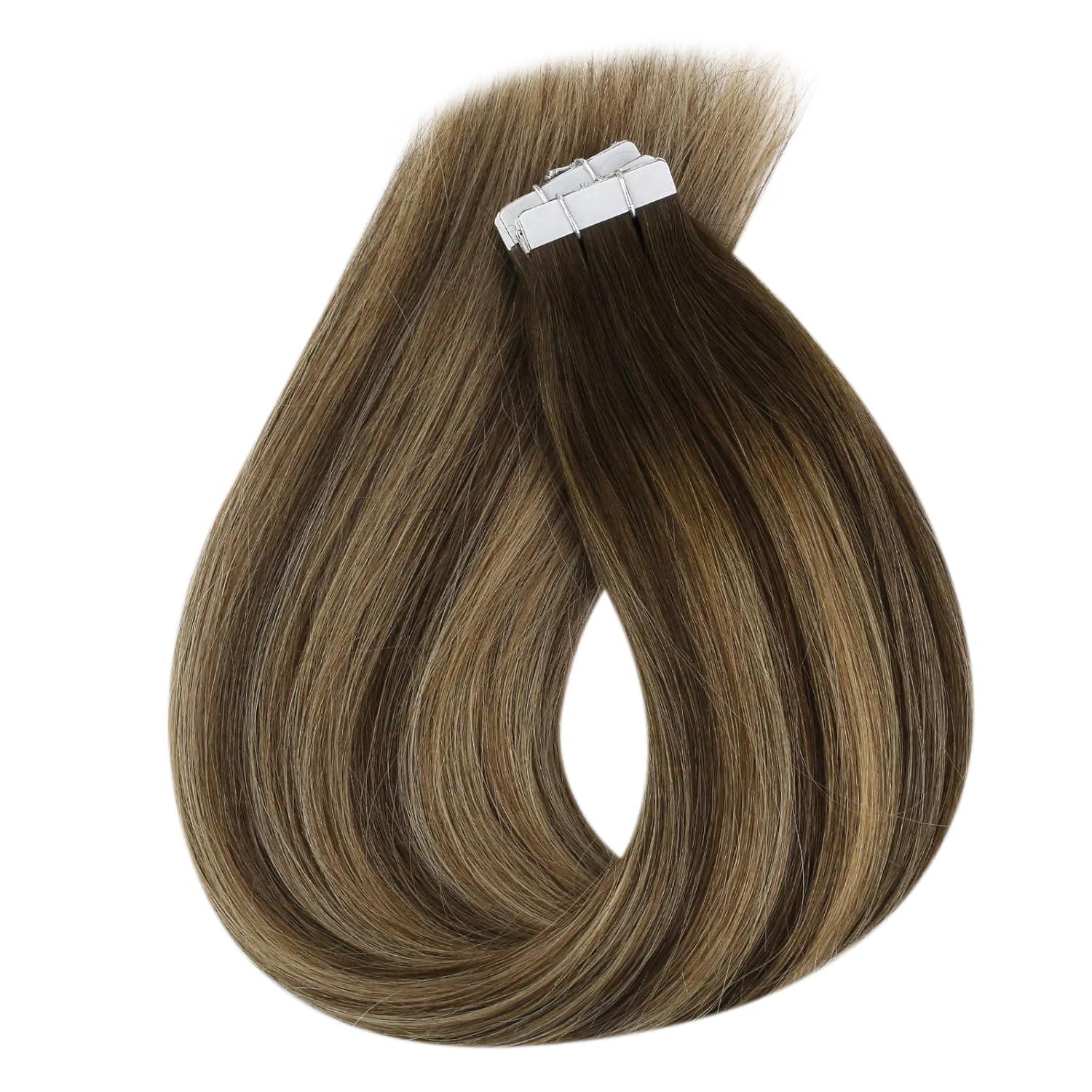 imageSunny Hair Tape in Hair Extensions Real Human Hair Invisible Remy Hair Extensions Tape ins for Women Dark Brown Ombre Caramel Blonde Balayage 16 inch 20Pcs 50G