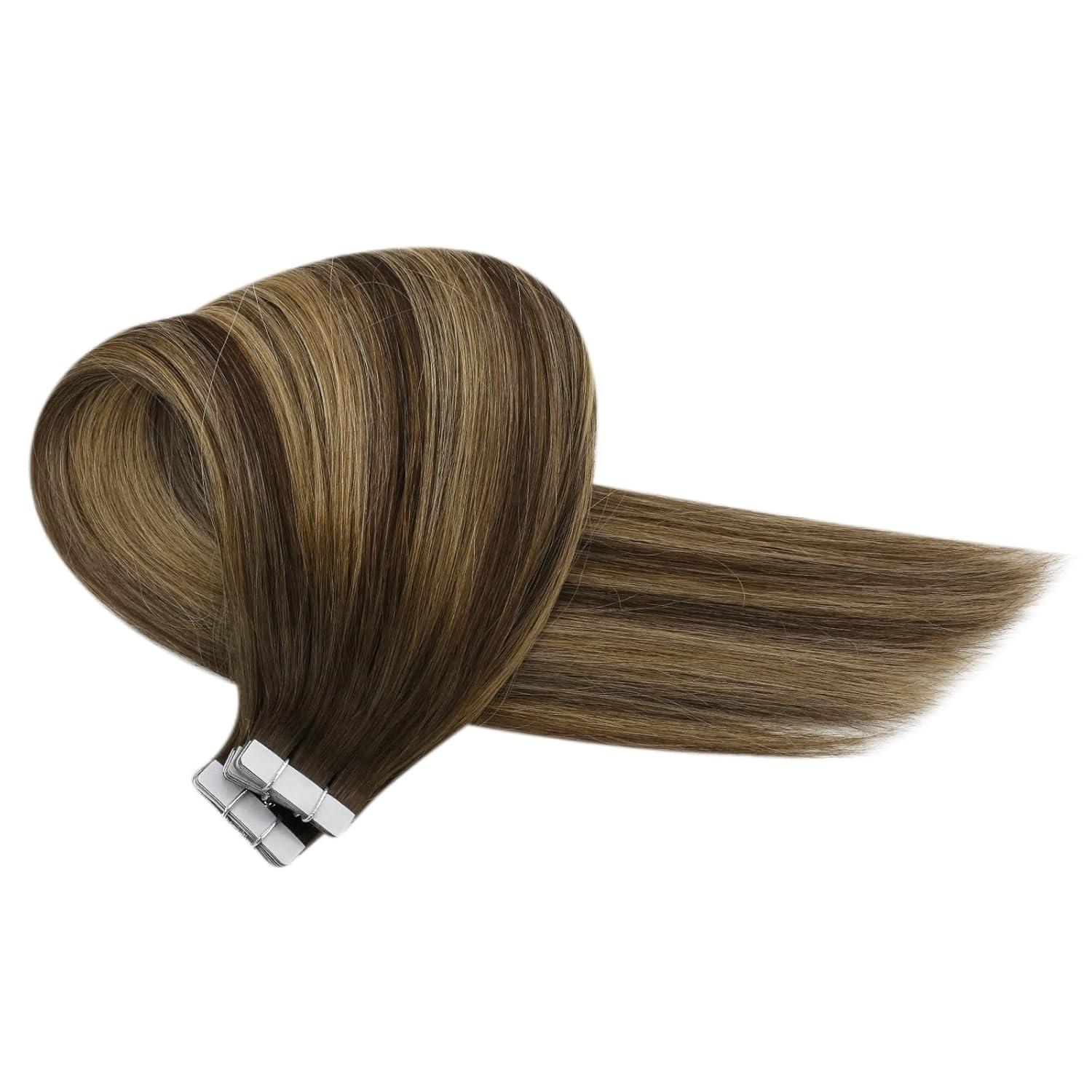 imageSunny Hair Tape in Hair Extensions Real Human Hair Invisible Remy Hair Extensions Tape ins for Women Dark Brown Ombre Caramel Blonde Balayage 16 inch 20Pcs 50G