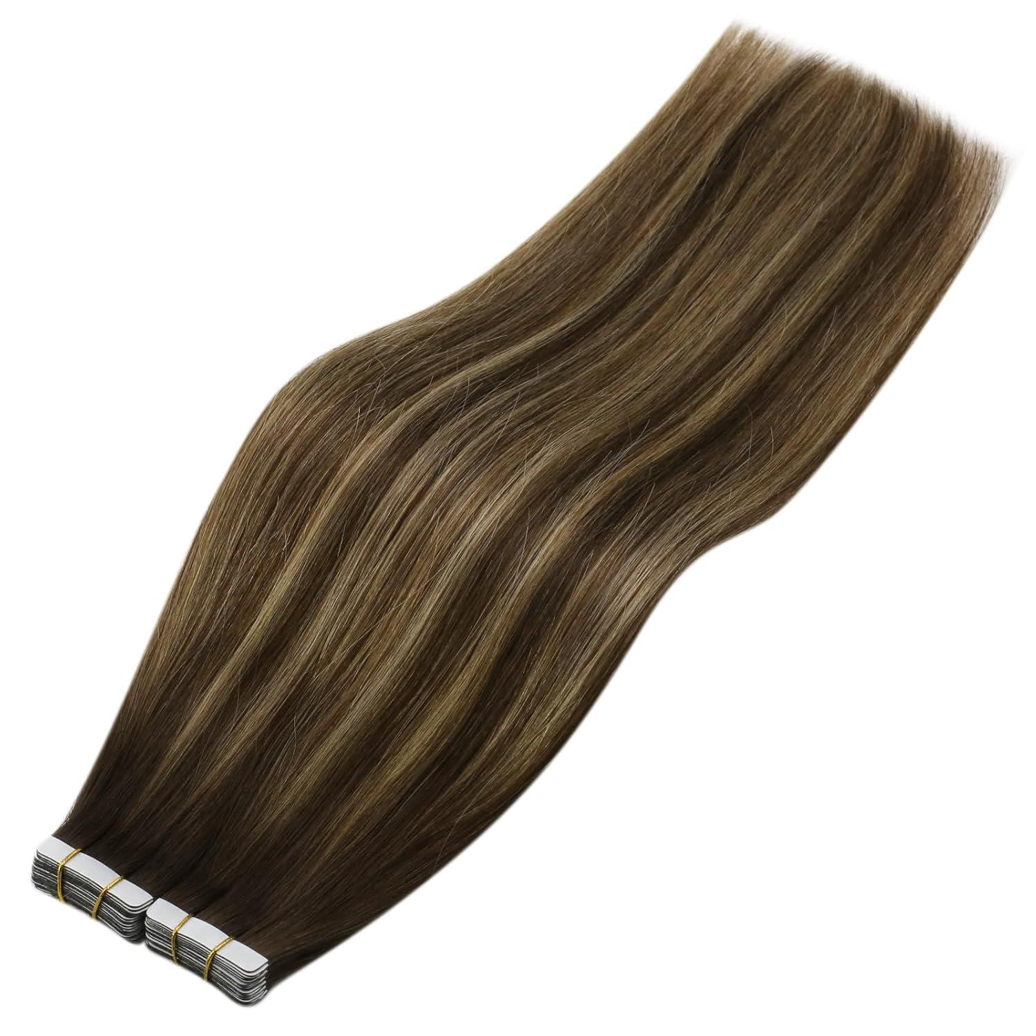 imageSunny Hair Tape in Hair Extensions Real Human Hair Invisible Remy Hair Extensions Tape ins for Women Dark Brown Ombre Caramel Blonde Balayage 16 inch 20Pcs 50G