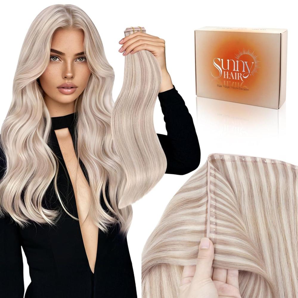 imageSunny Hair Butterfly Hair Extensions Natural Black Genius Weft Human Hair Extensions DoubleSided Seamless Invisible Weave PU Weft with Micro HandTied Look for Women 20Inch 100G18P613Light Ice Pink Blonde Highlight