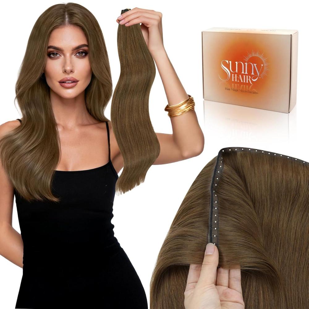 imageSunny Hair Butterfly Hair Extensions Natural Black Genius Weft Human Hair Extensions DoubleSided Seamless Invisible Weave PU Weft with Micro HandTied Look for Women 20Inch 100G8Light Brown