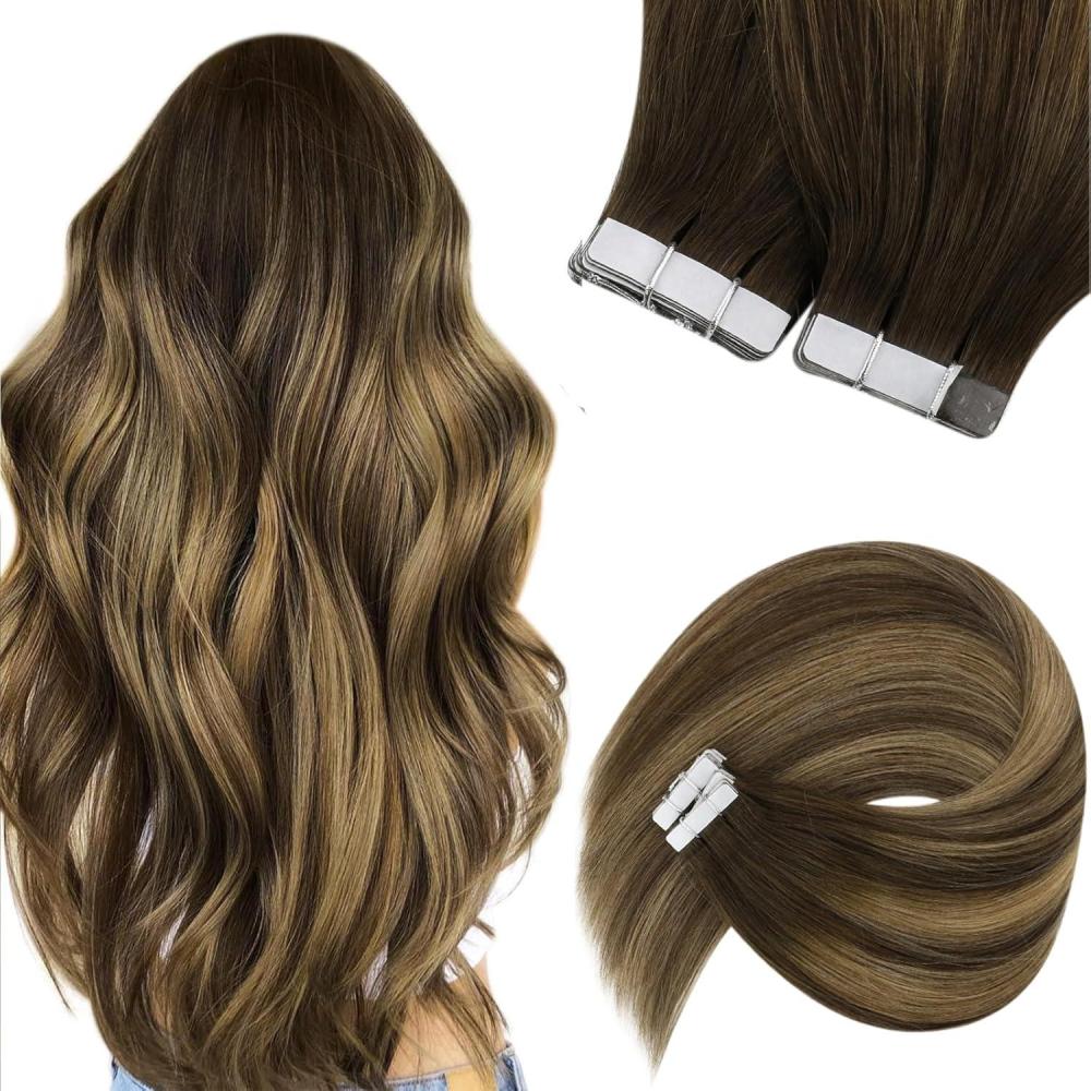 imageSunny Hair Tape in Hair Extensions Real Human Hair Invisible Remy Hair Extensions Tape ins for Women Dark Brown Ombre Caramel Blonde Balayage 16 inch 20Pcs 50G
