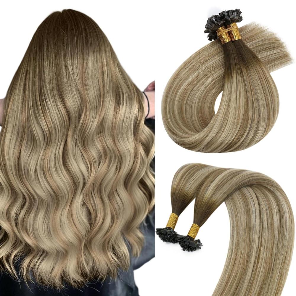 imageSunny K Tip Hair Extensions Real Human Hair Straight Ktip Human Hair Extensions Light Brown Balayage Ash Brown with Highlight Keratin Hair Extensions Human Hair Add Volume 16inch 50g