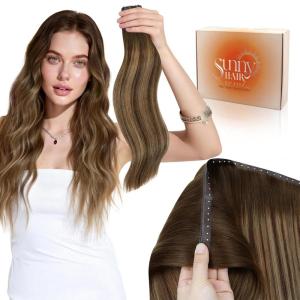 Sunny Hair Butterfly Hair Extensions Natural Black Genius Weft Human Hair Extensions Double-Sided Seamless Invisible Weave PU Weft with Micro Hand-Tied Look for Women 20Inch 100G(#4/4/27-Dark Brown Balayage Caramel Blonde)