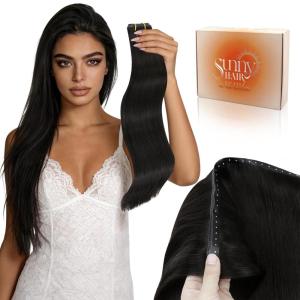 Sunny Hair Butterfly Hair Extensions Natural Black Genius Weft Human Hair Extensions Double-Sided Seamless Invisible Weave PU Weft with Micro Hand-Tied Look for Women 20Inch 100G(#1B-Natural Black)