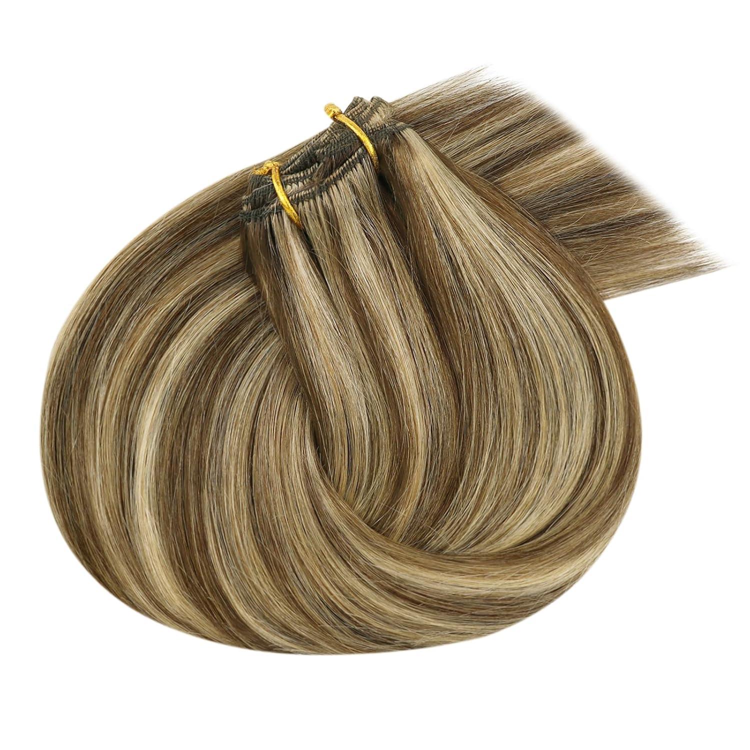 imageVe Sunny Scalp Clip in Hair Extensions Real Human Hair Medium Brown Ombre Hair Extensions Clip ins Balayage Caramel Blonde Thinning Hair Fill ins Extensions 18 Inch 90g 4pcsClip3 P427 Espresso Caramel Swirl