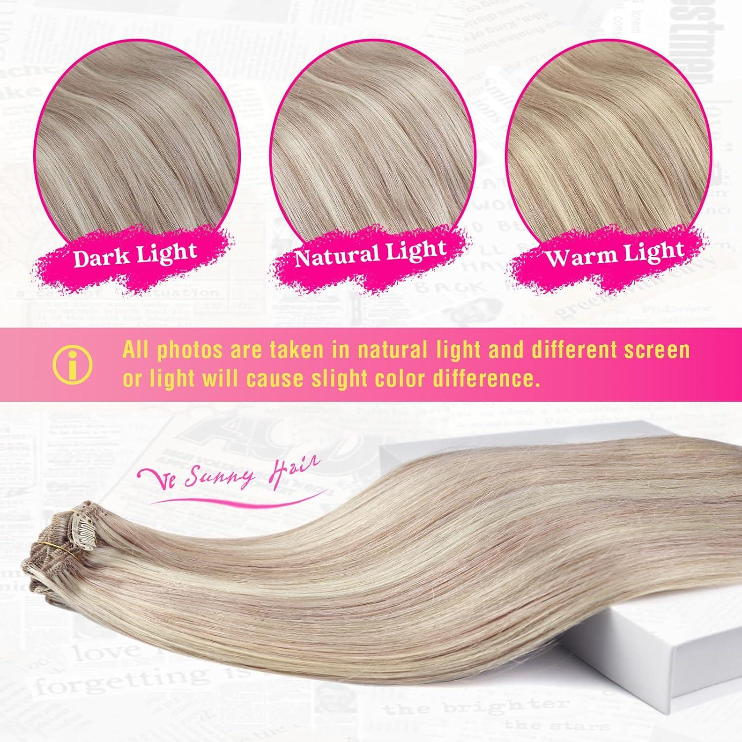 imageVe Sunny Scalp Clip in Hair Extensions Real Human Hair Medium Brown Ombre Hair Extensions Clip ins Balayage Caramel Blonde Thinning Hair Fill ins Extensions 18 Inch 90g 4pcsClip6 P18A613 Powder Snow Blonde Highlight