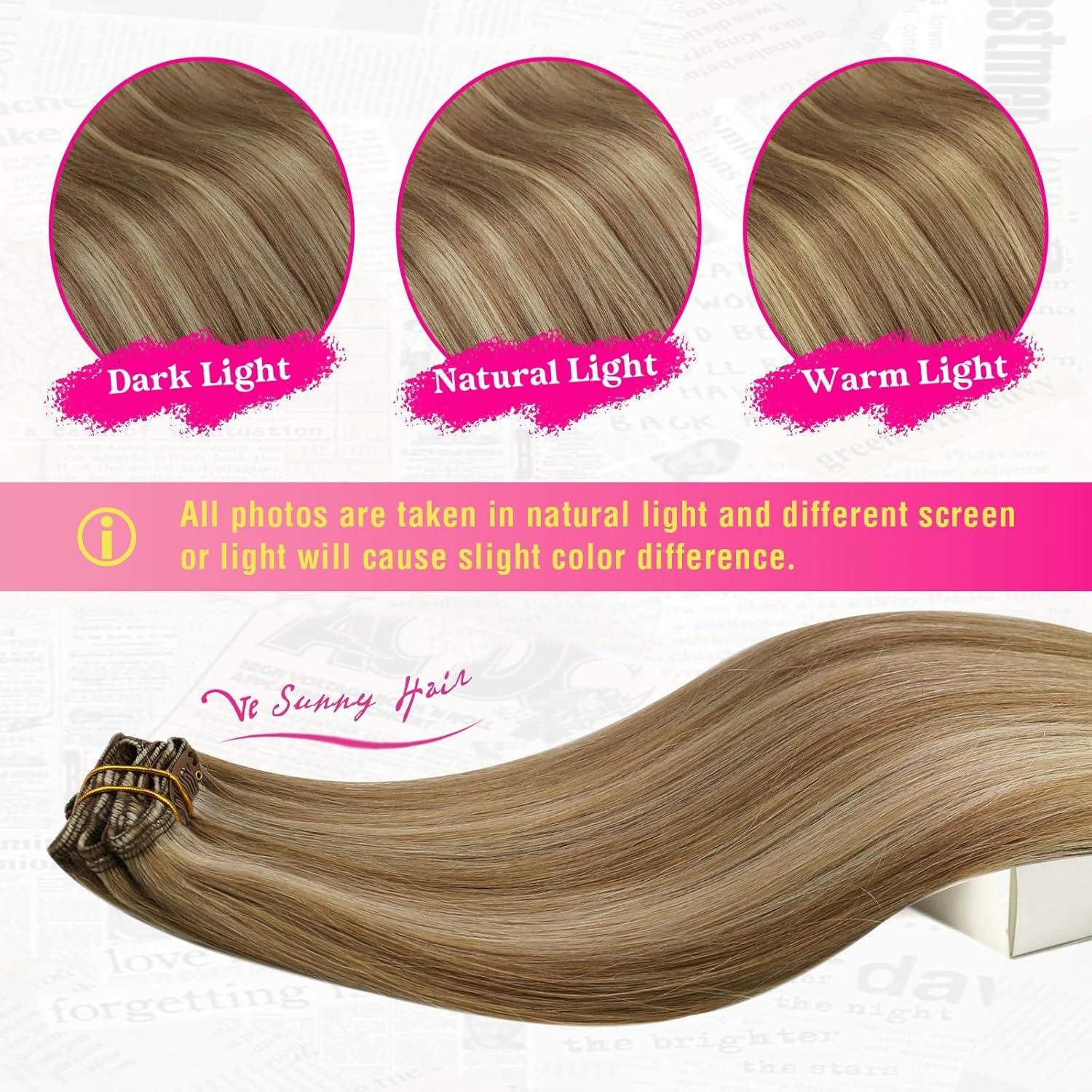 imageVe Sunny Scalp Clip in Hair Extensions Real Human Hair Medium Brown Ombre Hair Extensions Clip ins Balayage Caramel Blonde Thinning Hair Fill ins Extensions 18 Inch 90g 4pcsClip2 P1016 Golden Brown Highlighted Dark Golden Blonde