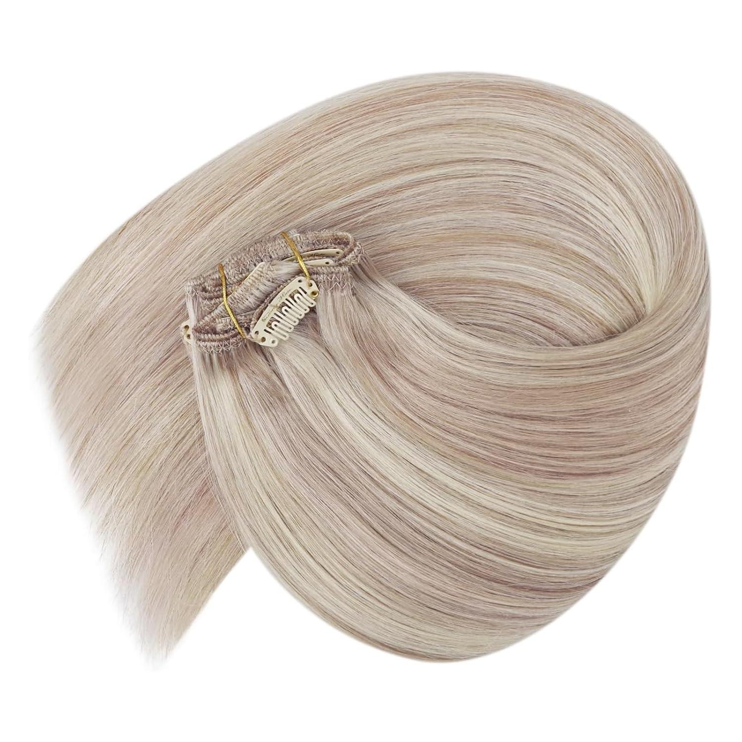 imageVe Sunny Scalp Clip in Hair Extensions Real Human Hair Medium Brown Ombre Hair Extensions Clip ins Balayage Caramel Blonde Thinning Hair Fill ins Extensions 18 Inch 90g 4pcsClip6 P18A613 Powder Snow Blonde Highlight