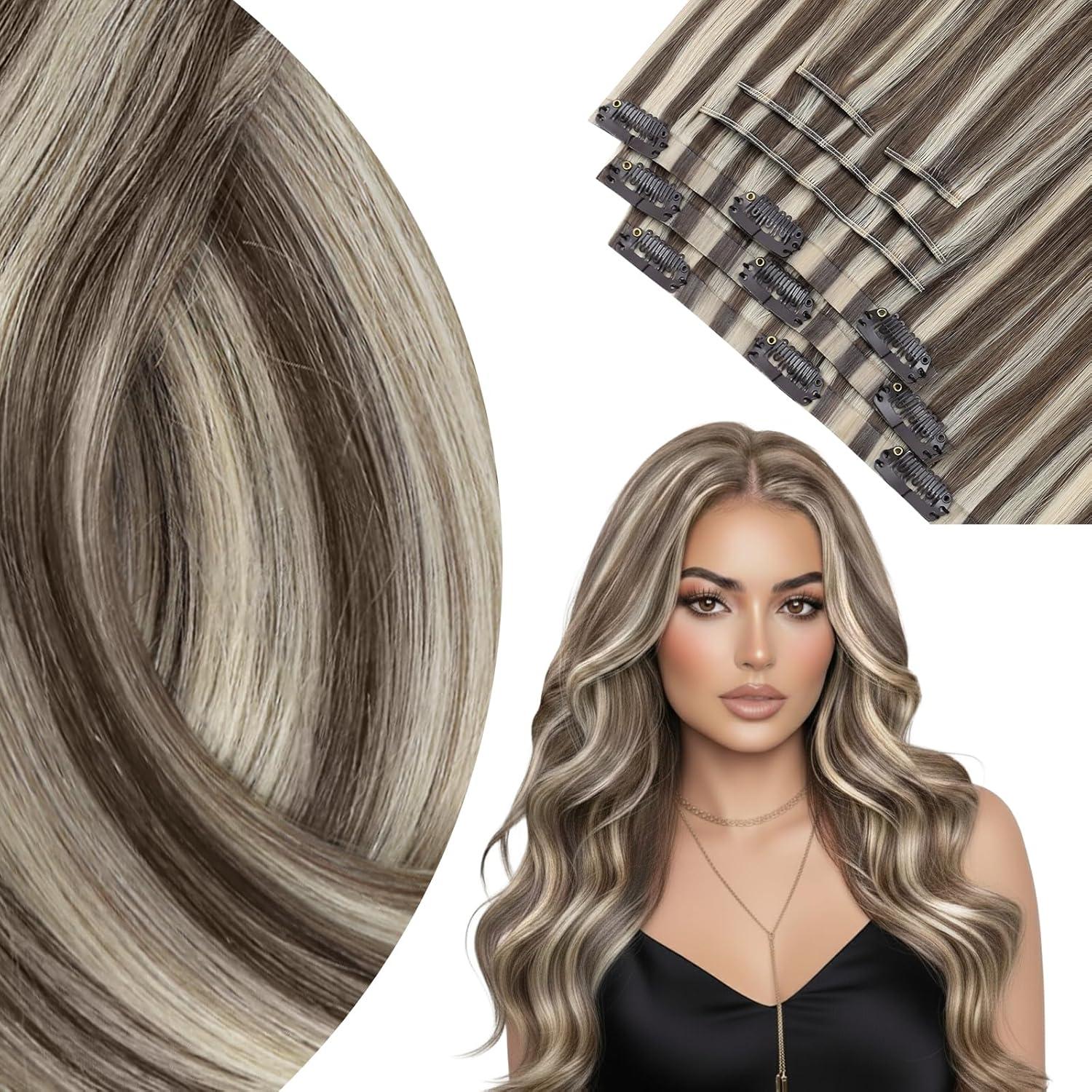 imageVe Sunny Scalp Clip in Hair Extensions Real Human Hair Medium Brown Ombre Hair Extensions Clip ins Balayage Caramel Blonde Thinning Hair Fill ins Extensions 18 Inch 90g 4pcsClip2 P860 Midnight Frost Blonde