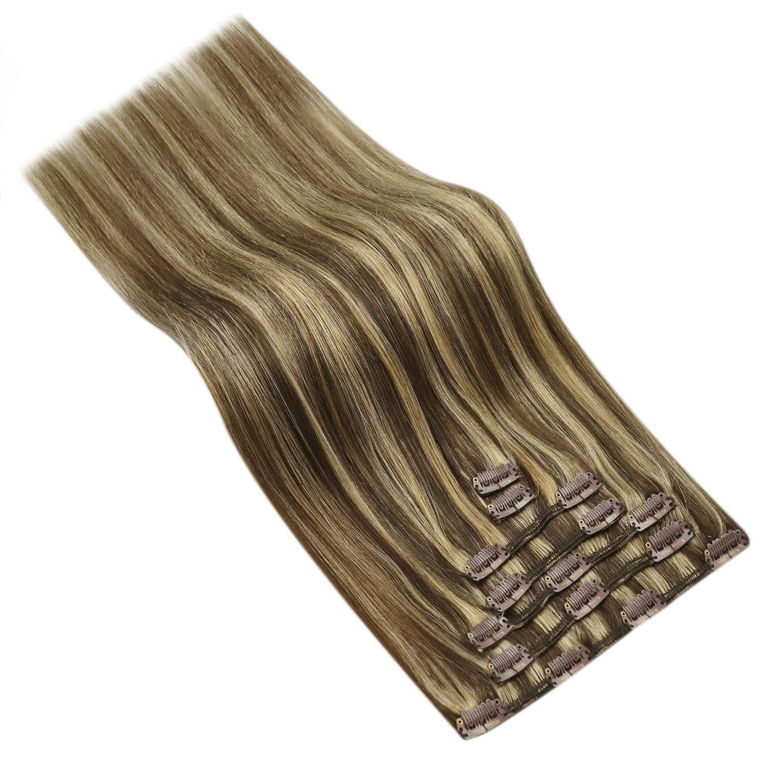 imageVe Sunny Scalp Clip in Hair Extensions Real Human Hair Medium Brown Ombre Hair Extensions Clip ins Balayage Caramel Blonde Thinning Hair Fill ins Extensions 18 Inch 90g 4pcsClip3 P427 Espresso Caramel Swirl
