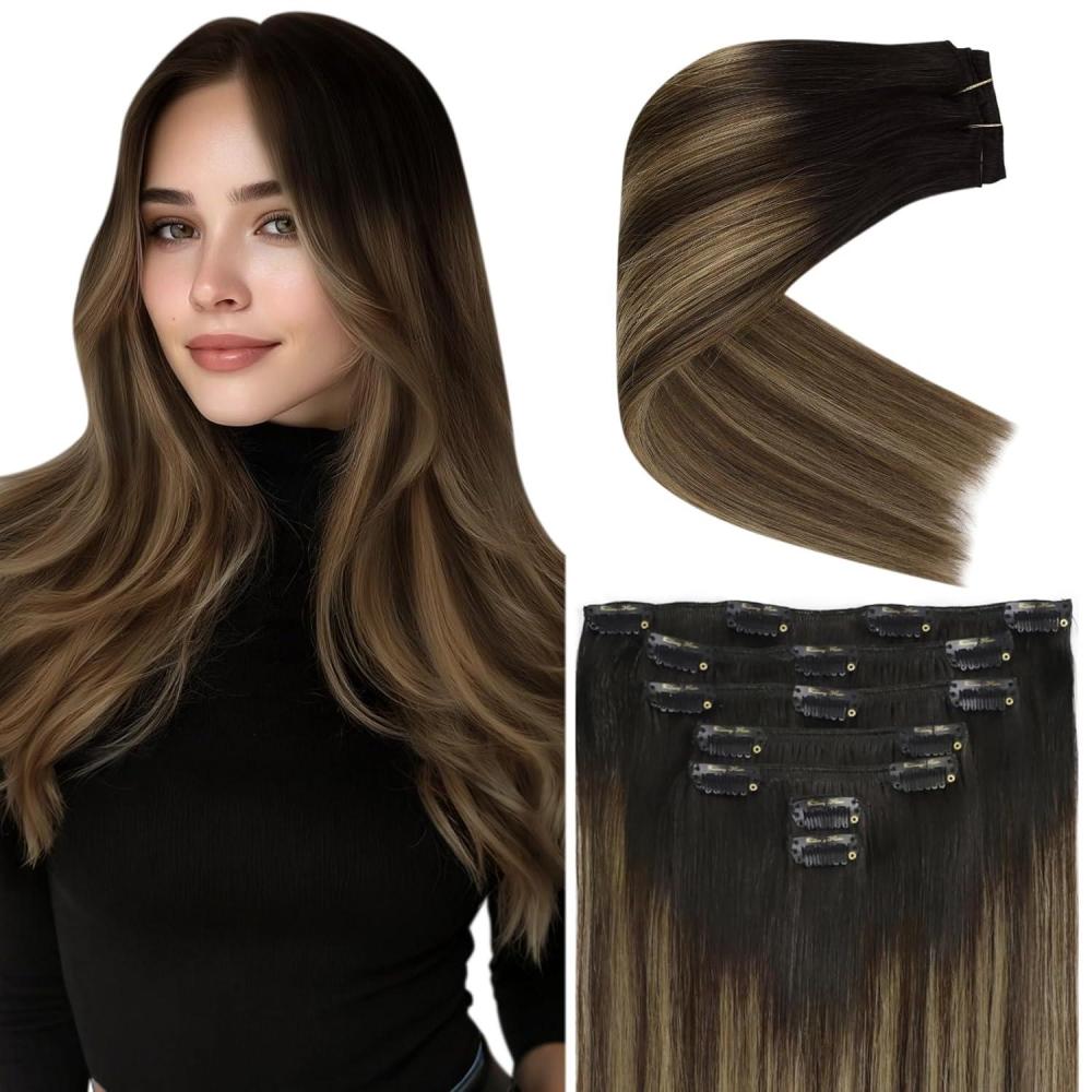 imageVe Sunny Scalp Clip in Hair Extensions Real Human Hair Medium Brown Ombre Hair Extensions Clip ins Balayage Caramel Blonde Thinning Hair Fill ins Extensions 18 Inch 90g 4pcsClip9 1B427 Cocoa Root Black Ombre