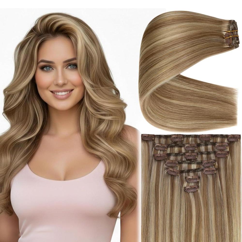 imageVe Sunny Scalp Clip in Hair Extensions Real Human Hair Medium Brown Ombre Hair Extensions Clip ins Balayage Caramel Blonde Thinning Hair Fill ins Extensions 18 Inch 90g 4pcsClip2 P1016 Golden Brown Highlighted Dark Golden Blonde