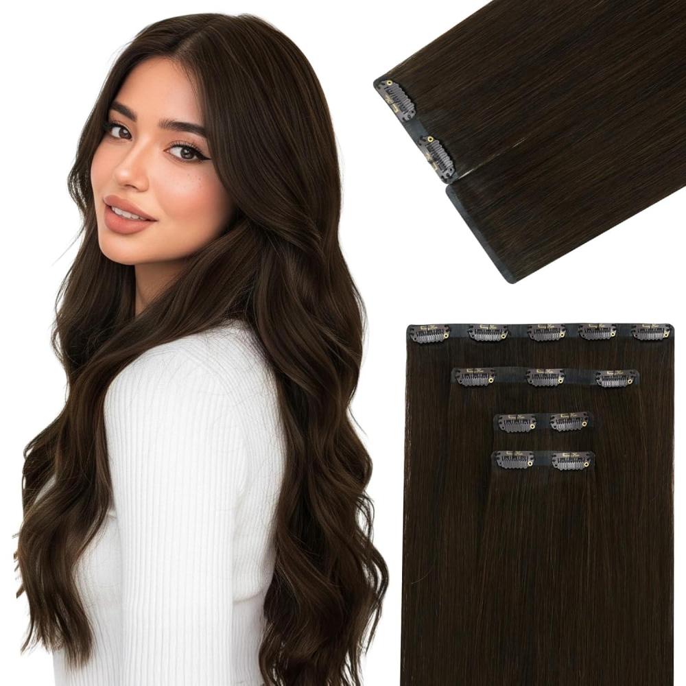 imageVe Sunny Scalp Clip in Hair Extensions Real Human Hair Medium Brown Ombre Hair Extensions Clip ins Balayage Caramel Blonde Thinning Hair Fill ins Extensions 18 Inch 90g 4pcsClip7 4 Medium Dark Brown