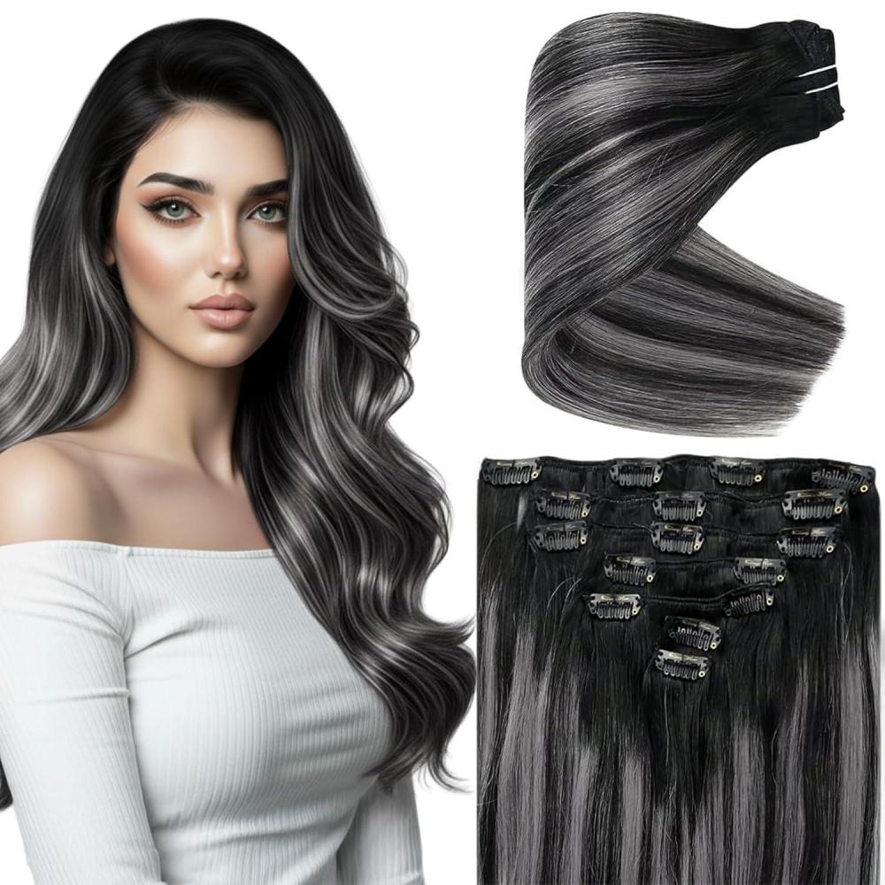 imageVe Sunny Scalp Clip in Hair Extensions Real Human Hair Medium Brown Ombre Hair Extensions Clip ins Balayage Caramel Blonde Thinning Hair Fill ins Extensions 18 Inch 90g 4pcsClip9 1BSilver1B Black Balayage Void Silver
