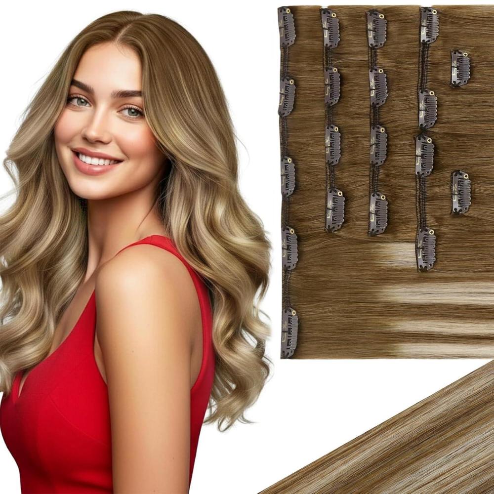 imageVe Sunny Scalp Clip in Hair Extensions Real Human Hair Medium Brown Ombre Hair Extensions Clip ins Balayage Caramel Blonde Thinning Hair Fill ins Extensions 18 Inch 90g 4pcsClip1 6606 Sunset Grove Chestnut Mix Platinum