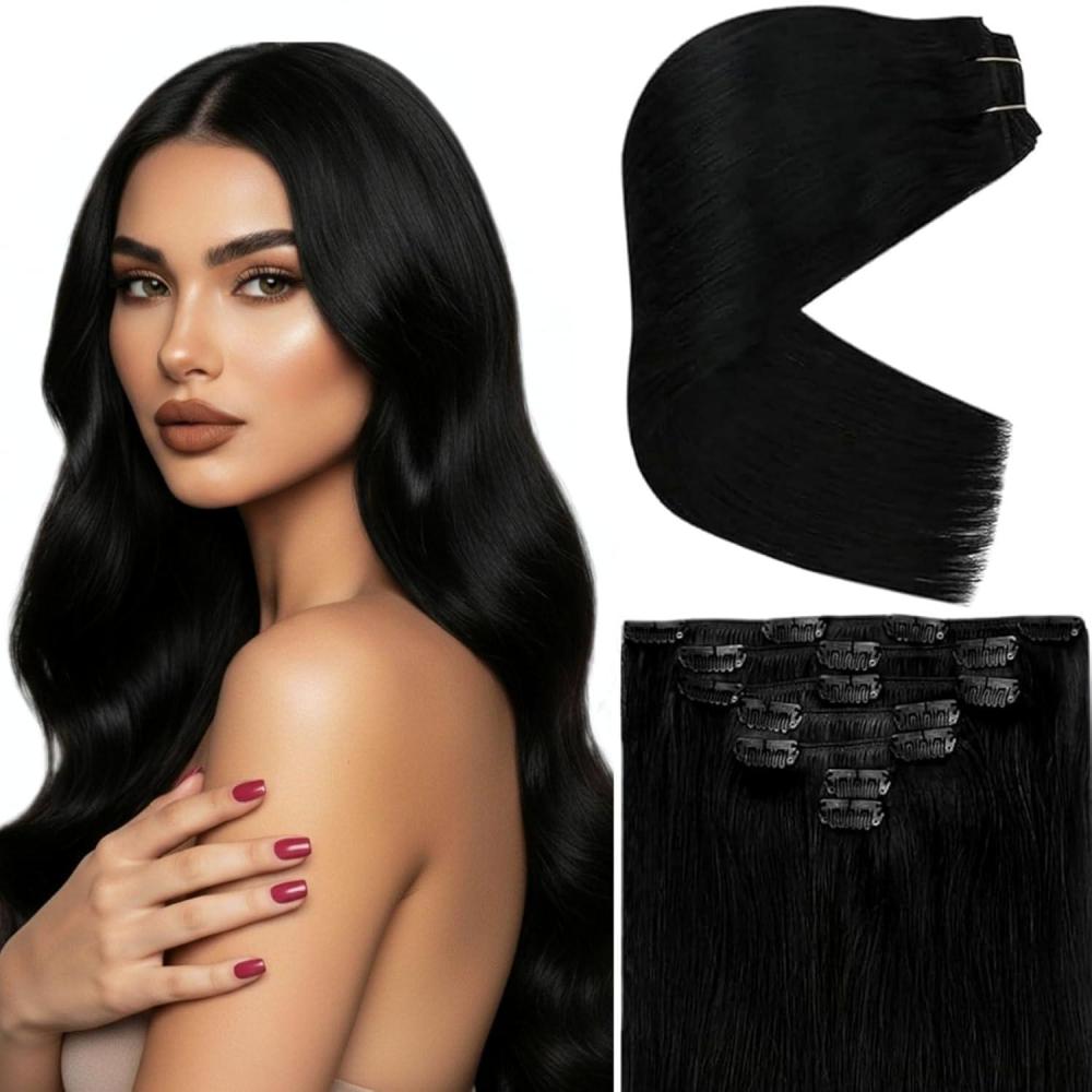imageVe Sunny Scalp Clip in Hair Extensions Real Human Hair Medium Brown Ombre Hair Extensions Clip ins Balayage Caramel Blonde Thinning Hair Fill ins Extensions 18 Inch 90g 4pcsClip9 1 Starless Night Jet Black