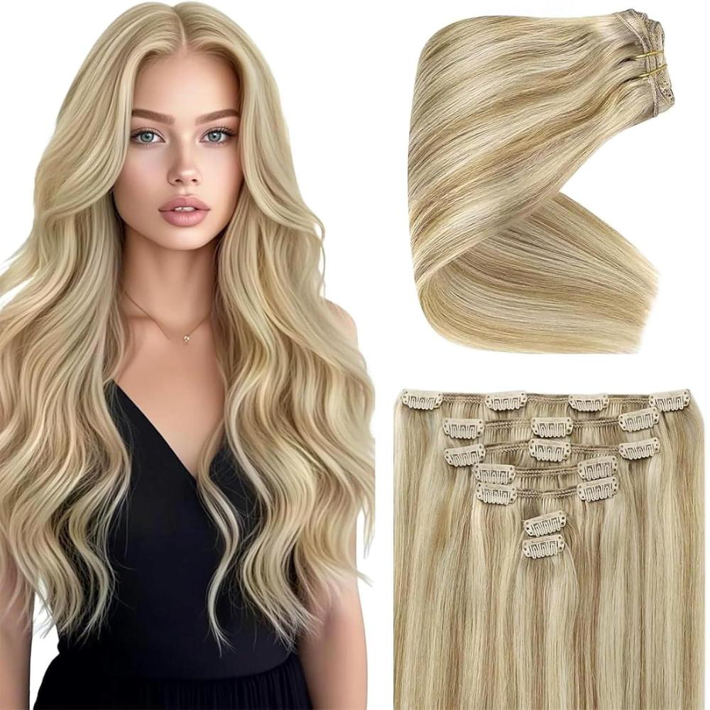 imageVe Sunny Scalp Clip in Hair Extensions Real Human Hair Medium Brown Ombre Hair Extensions Clip ins Balayage Caramel Blonde Thinning Hair Fill ins Extensions 18 Inch 90g 4pcsClip6 P1622 Amber Glow Highlights