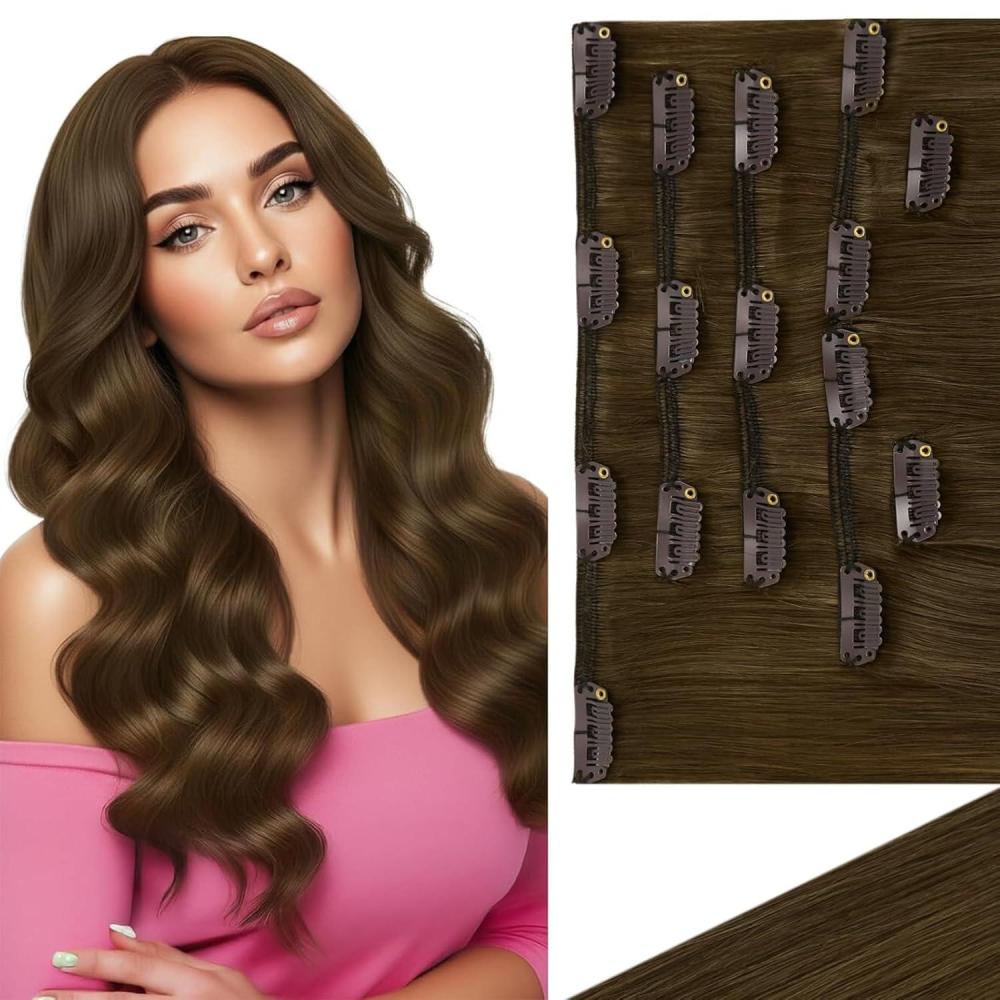 imageVe Sunny Scalp Clip in Hair Extensions Real Human Hair Medium Brown Ombre Hair Extensions Clip ins Balayage Caramel Blonde Thinning Hair Fill ins Extensions 18 Inch 90g 4pcsClip7 3A Natural Light Brown