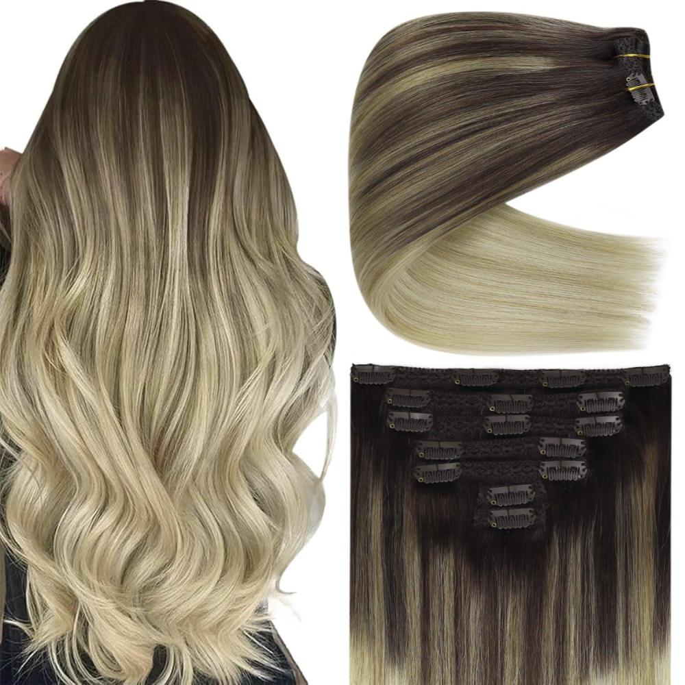 imageVe Sunny Scalp Clip in Hair Extensions Real Human Hair Medium Brown Ombre Hair Extensions Clip ins Balayage Caramel Blonde Thinning Hair Fill ins Extensions 18 Inch 90g 4pcsClip3 41460 Brown Roots to Radiance Blonde Balayage