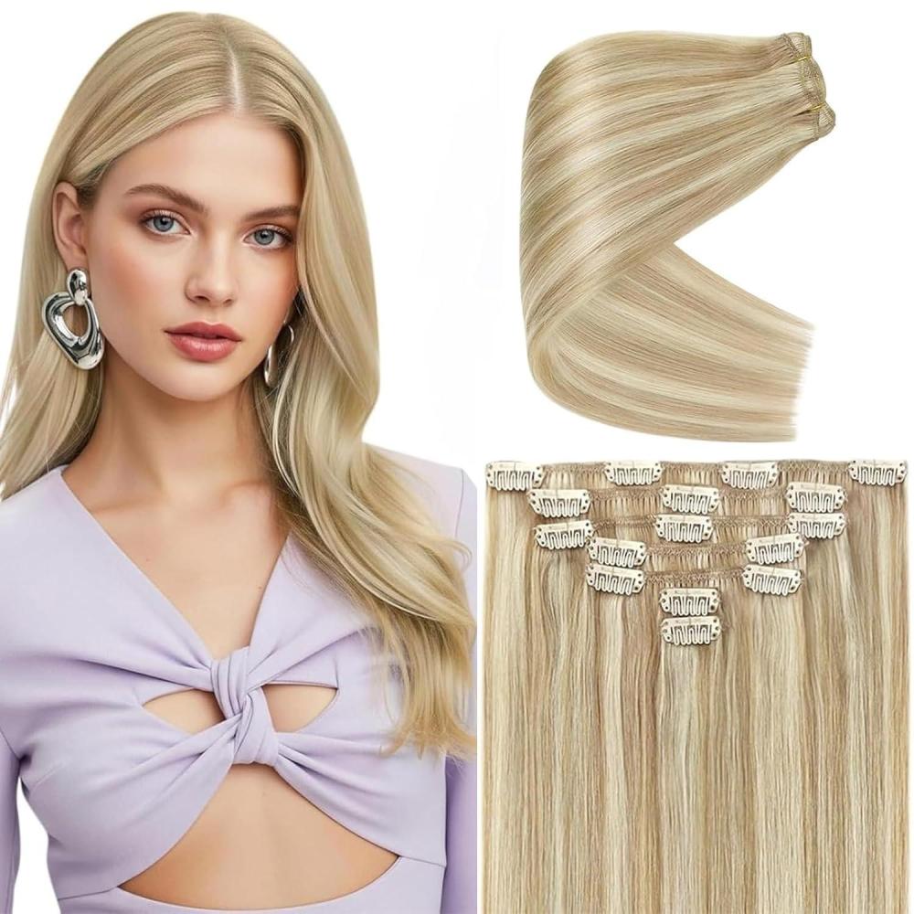 imageVe Sunny Scalp Clip in Hair Extensions Real Human Hair Medium Brown Ombre Hair Extensions Clip ins Balayage Caramel Blonde Thinning Hair Fill ins Extensions 18 Inch 90g 4pcsClipB P2760 Sunlit Honey Highlights