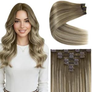 Ve Sunny Scalp Clip in Hair Extensions Real Human Hair Medium Brown Ombre Hair Extensions Clip ins Balayage Caramel Blonde Thinning Hair Fill ins Extensions 18 Inch 90g 4pcs(Clip-9 #8/22/8 Light Brown Ombre Balayage Blonde)
