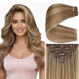 Ve Sunny Scalp Clip in Hair Extensions Real Human Hair Medium Brown Ombre Hair Extensions Clip ins Balayage Caramel Blonde Thinning Hair Fill ins Extensions 18 Inch 90g 4pcs(Clip-2 #P10/16 Golden Brown Highlighted Dark Golden Blonde)