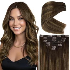 Ve Sunny Scalp Clip in Hair Extensions Real Human Hair Medium Brown Ombre Hair Extensions Clip ins Balayage Caramel Blonde Thinning Hair Fill ins Extensions 18 Inch 90g 4pcs(Clip-3 #4/27/4 Coffee Break Balayage Blonde)