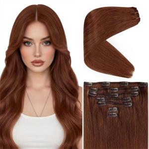 Ve Sunny Scalp Clip in Hair Extensions Real Human Hair Medium Brown Ombre Hair Extensions Clip ins Balayage Caramel Blonde Thinning Hair Fill ins Extensions 18 Inch 90g 4pcs(Clip-8 #30 Auburn Copper)
