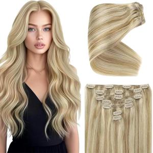 Ve Sunny Scalp Clip in Hair Extensions Real Human Hair Medium Brown Ombre Hair Extensions Clip ins Balayage Caramel Blonde Thinning Hair Fill ins Extensions 18 Inch 90g 4pcs(Clip-6 #P16/22 Amber Glow Highlights)