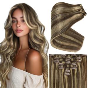 Ve Sunny Scalp Clip in Hair Extensions Real Human Hair Medium Brown Ombre Hair Extensions Clip ins Balayage Caramel Blonde Thinning Hair Fill ins Extensions 18 Inch 90g 4pcs(Clip-3 #P4/27 Espresso Caramel Swirl)